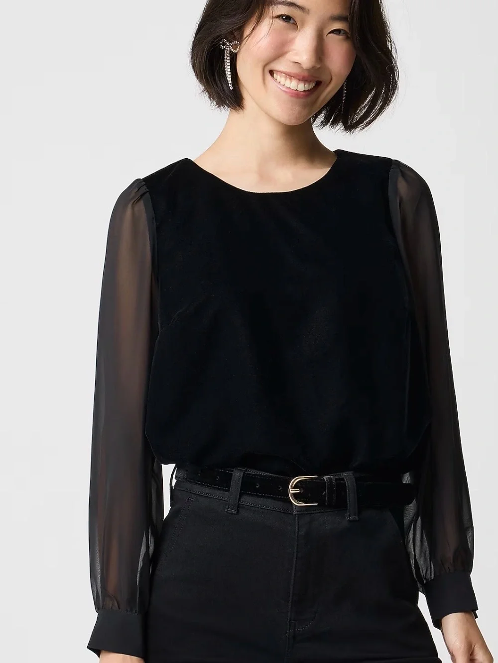 NWT J. Crew Black Velvet Top with Sheer Long Puff Sleeves, Crew Neck, Size XS